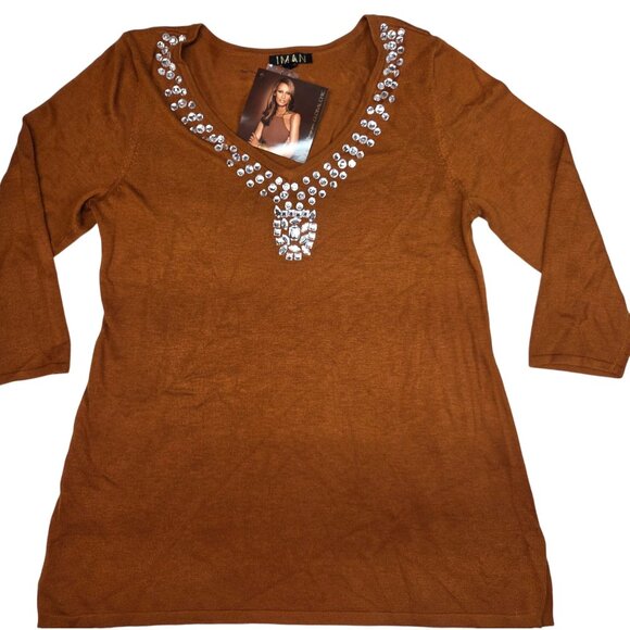 Iman V-Neck Tunic Top Rust  Embellished Chic Womens Medium New with Tags - Picture 1 of 8